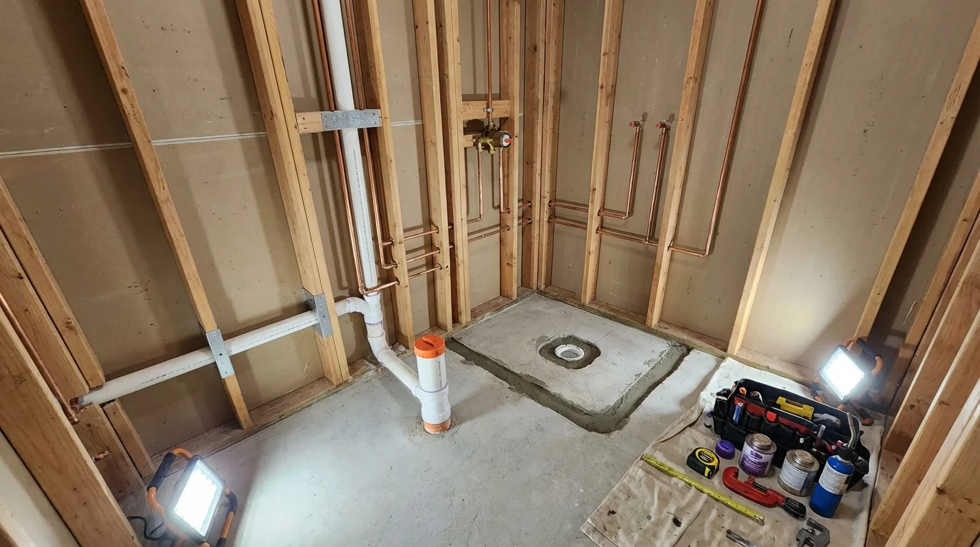 Bathroom rough-in plumbing during remodel by Johns Plumbing LLC in Cedarburg