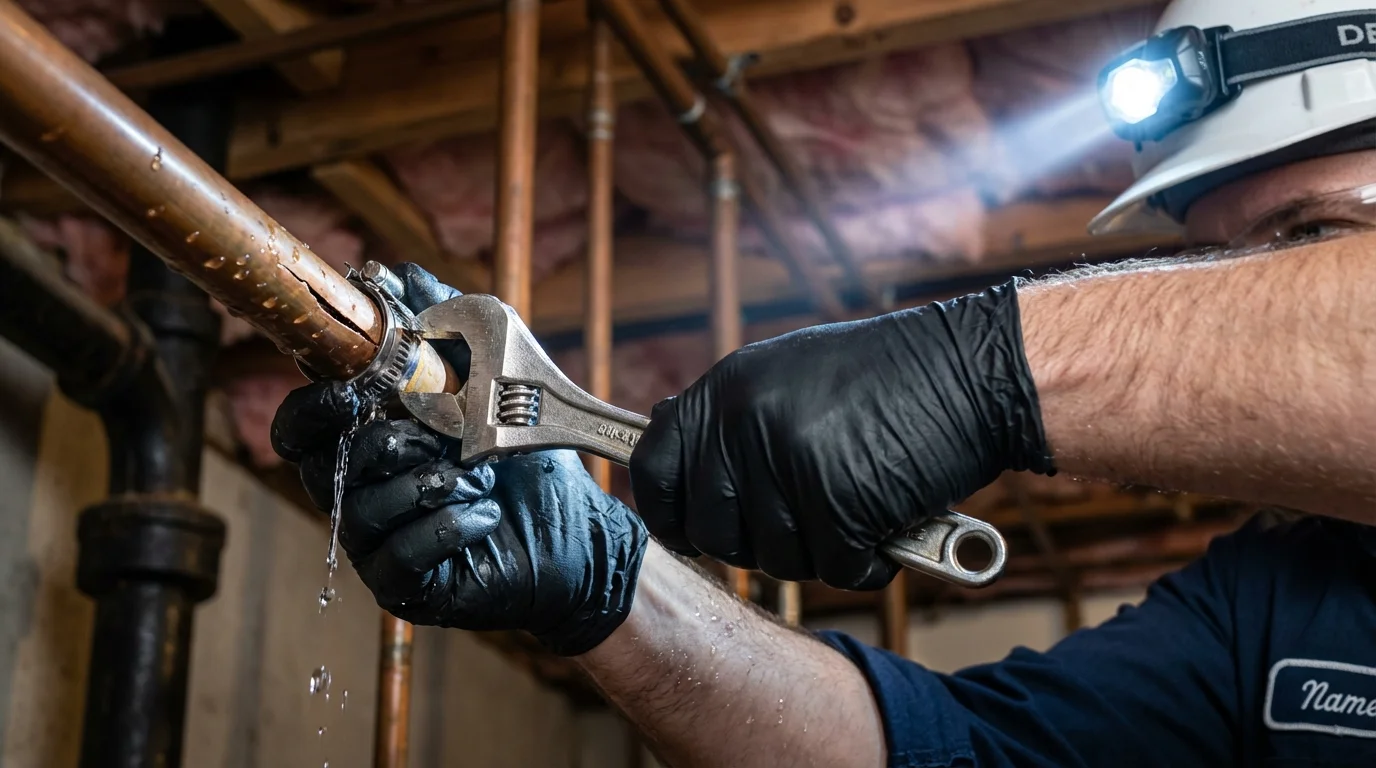 Emergency pipe clamp repair being performed by a Johns Plumbing LLC plumber in Cedarburg