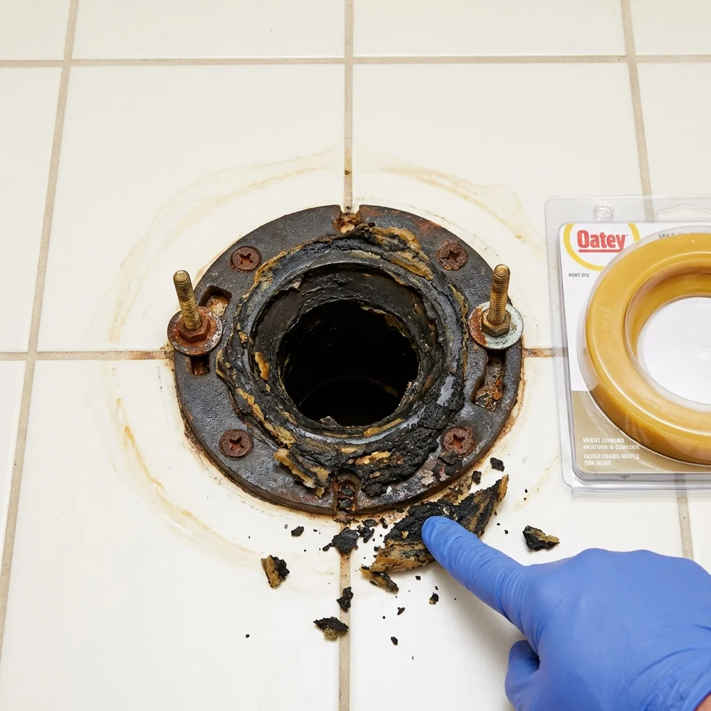Failed wax ring showing water seepage at the base of a toilet in a Cedarburg, WI home