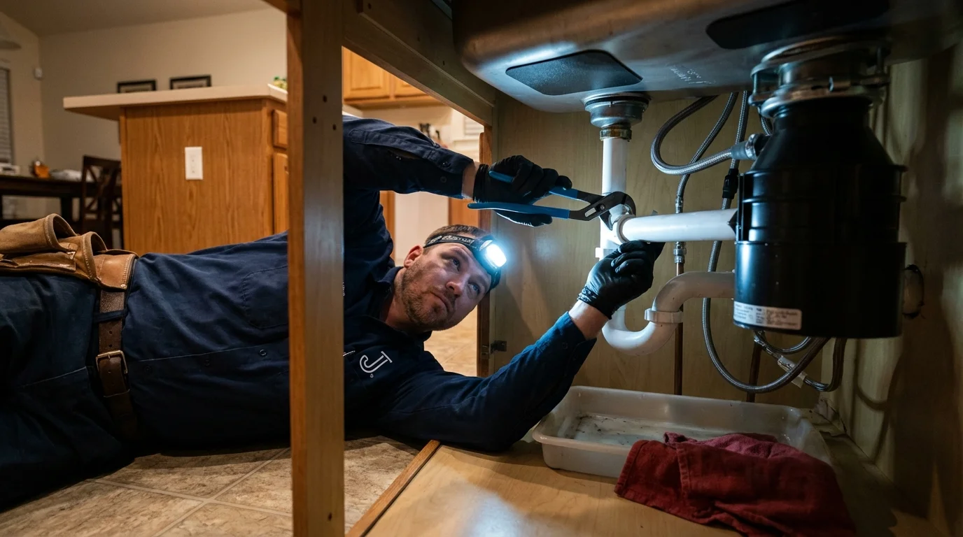 P-trap and supply line connections under a kitchen sink showing a common leak point in Cedarburg, WI